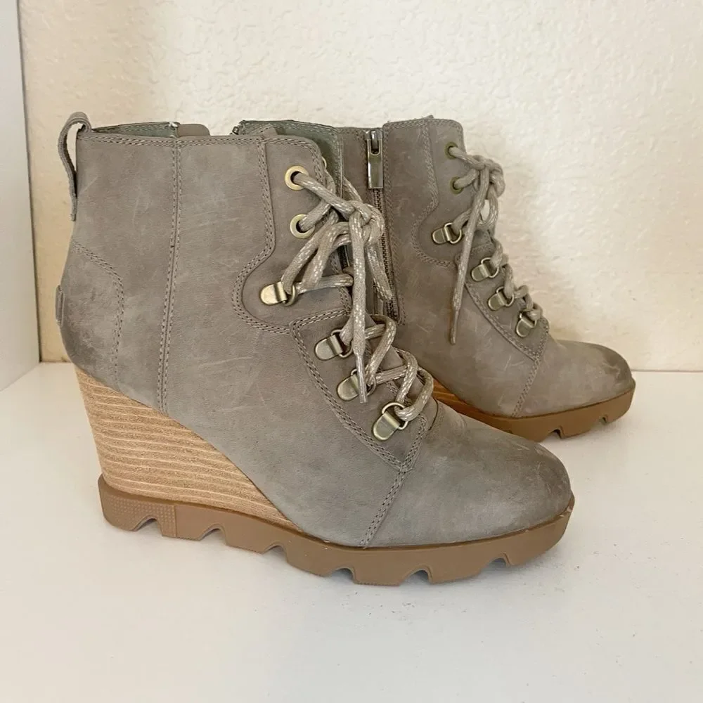 Sorel Joan Uptown Waterproof Wedge Bootie in mushroom. 8.5